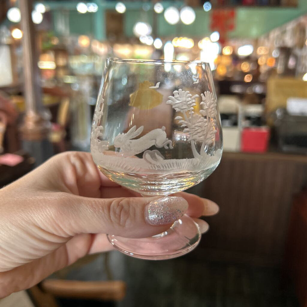 Vintage E&AB Neudenau hand engraved wildlife crystal snifter glasses; set of 6, and matching decanter w/ stopper. Circa 1950-60