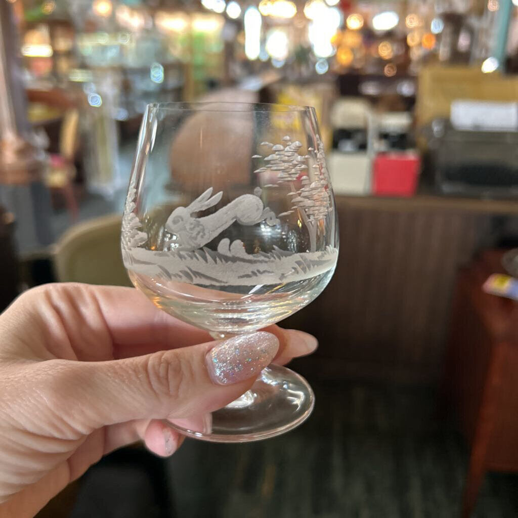 Vintage E&AB Neudenau hand engraved wildlife crystal snifter glasses; set of 6, and matching decanter w/ stopper. Circa 1950-60