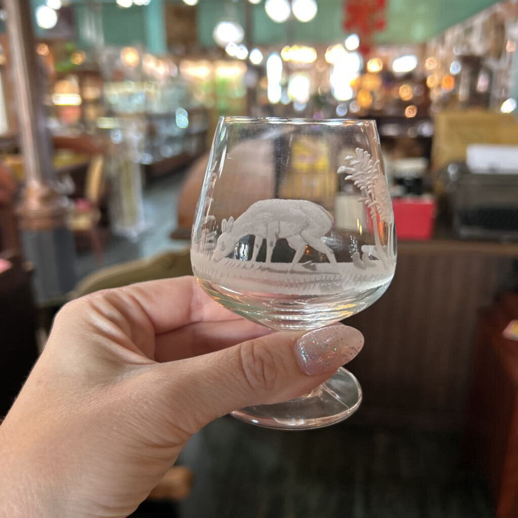 Vintage E&AB Neudenau hand engraved wildlife crystal snifter glasses; set of 6, and matching decanter w/ stopper. Circa 1950-60