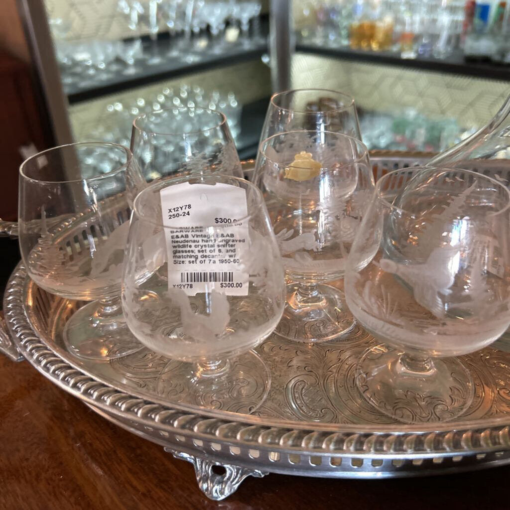 Vintage E&AB Neudenau hand engraved wildlife crystal snifter glasses; set of 6, and matching decanter w/ stopper. Circa 1950-60