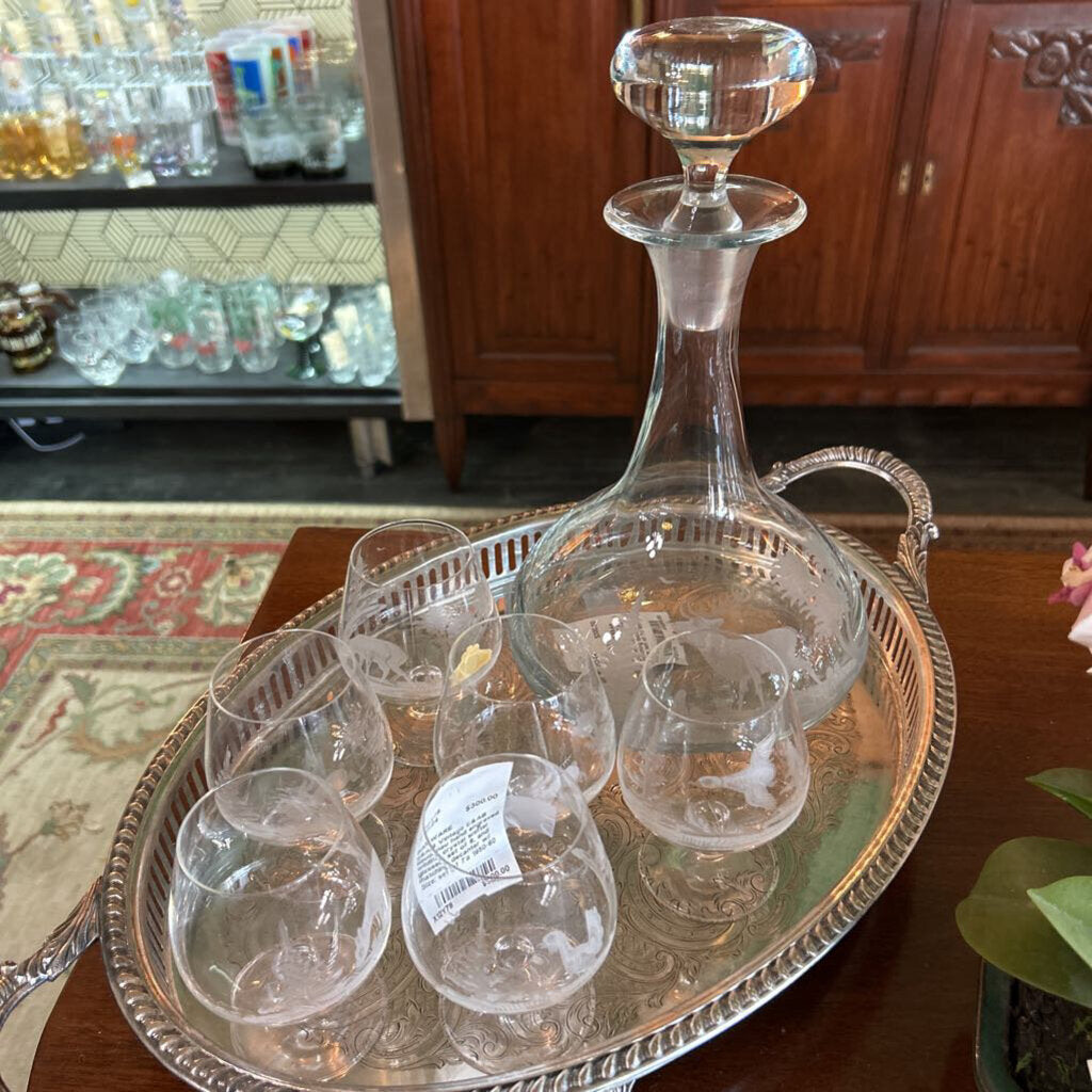 Vintage E&AB Neudenau hand engraved wildlife crystal snifter glasses; set of 6, and matching decanter w/ stopper. Circa 1950-60