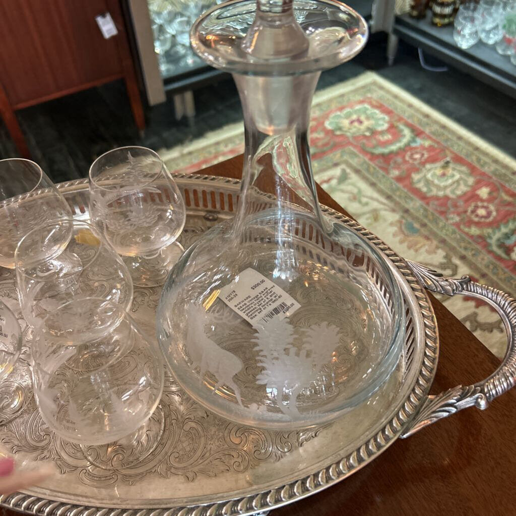 Vintage E&AB Neudenau hand engraved wildlife crystal snifter glasses; set of 6, and matching decanter w/ stopper. Circa 1950-60