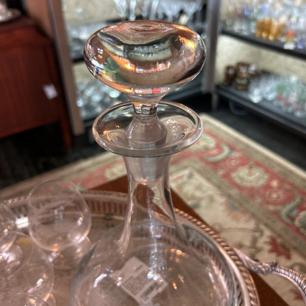 Vintage E&AB Neudenau hand engraved wildlife crystal snifter glasses; set of 6, and matching decanter w/ stopper. Circa 1950-60