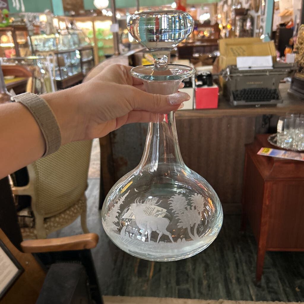 Vintage E&AB Neudenau hand engraved wildlife crystal snifter glasses; set of 6, and matching decanter w/ stopper. Circa 1950-60