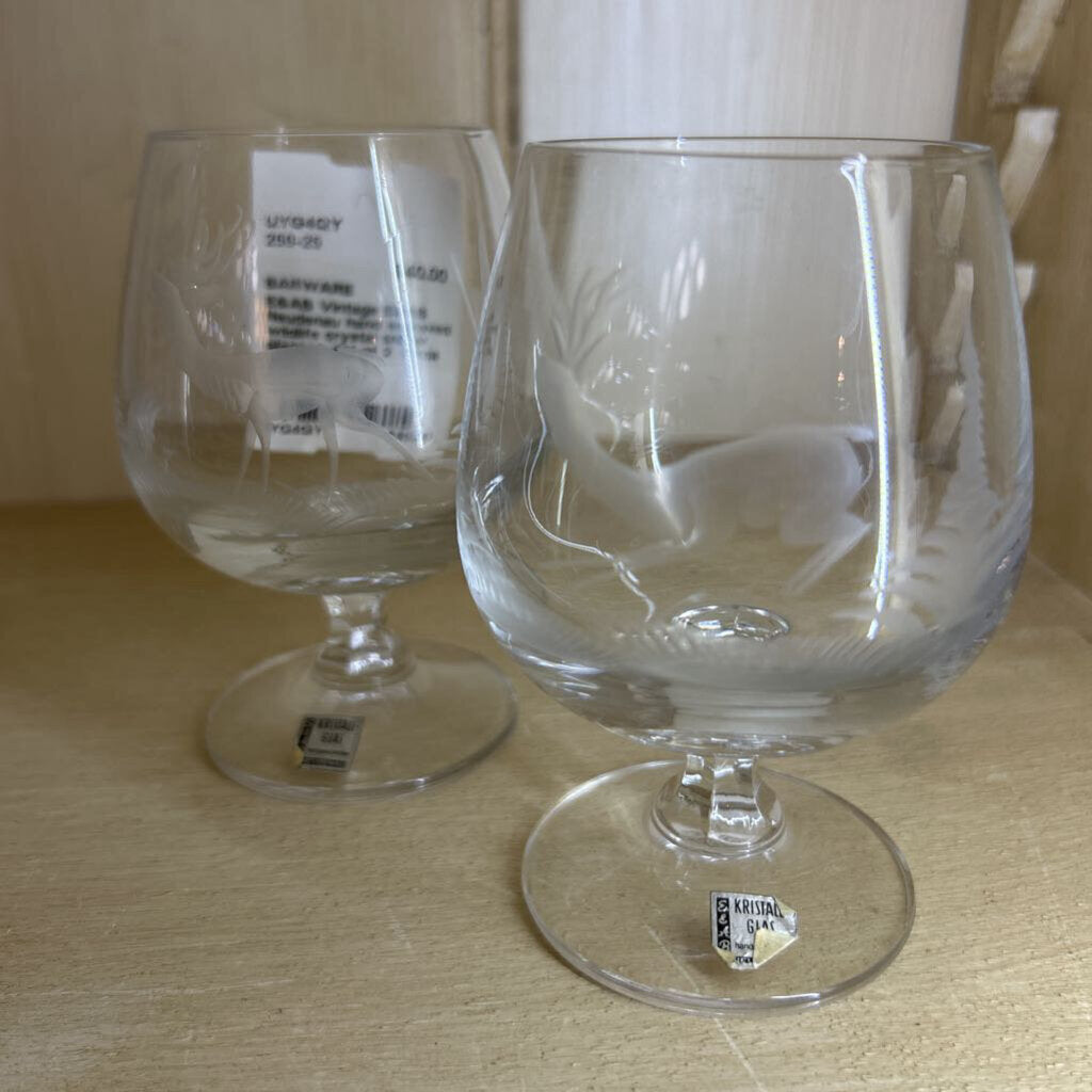 Vintage E&AB Neudenau hand engraved wildlife crystal snifter glasses; set of 2 Circa 1950-60