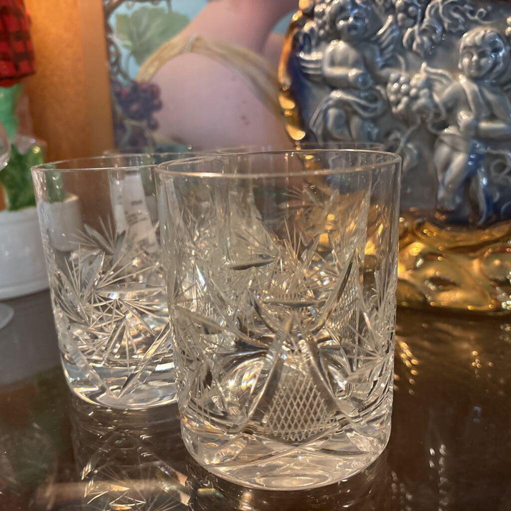 Vintage Bohemian cut crystal double Old Fashioned glasses; circa 1950-60