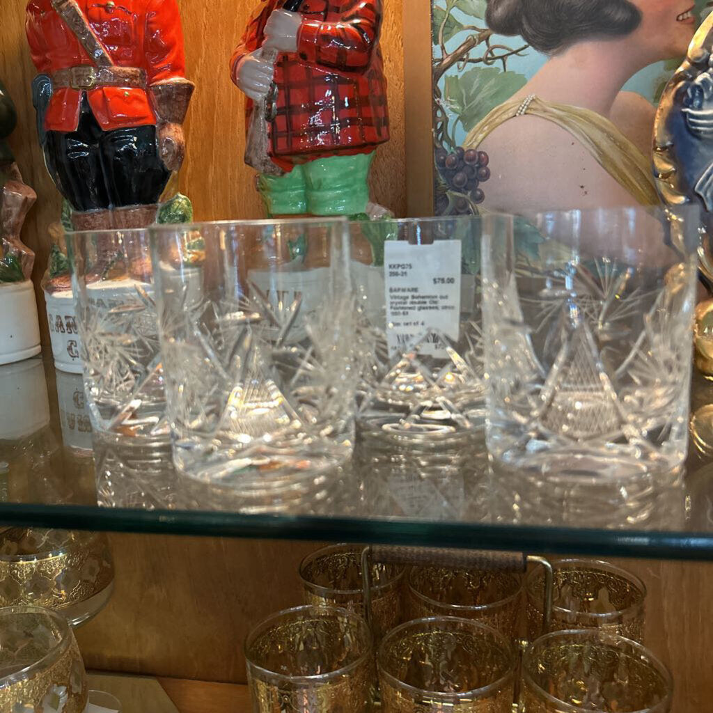 Vintage Bohemian cut crystal double Old Fashioned glasses; circa 1950-60