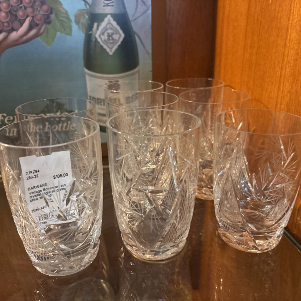 Vintage Bohemian cut crystal Highball glasses; circa 1950-60