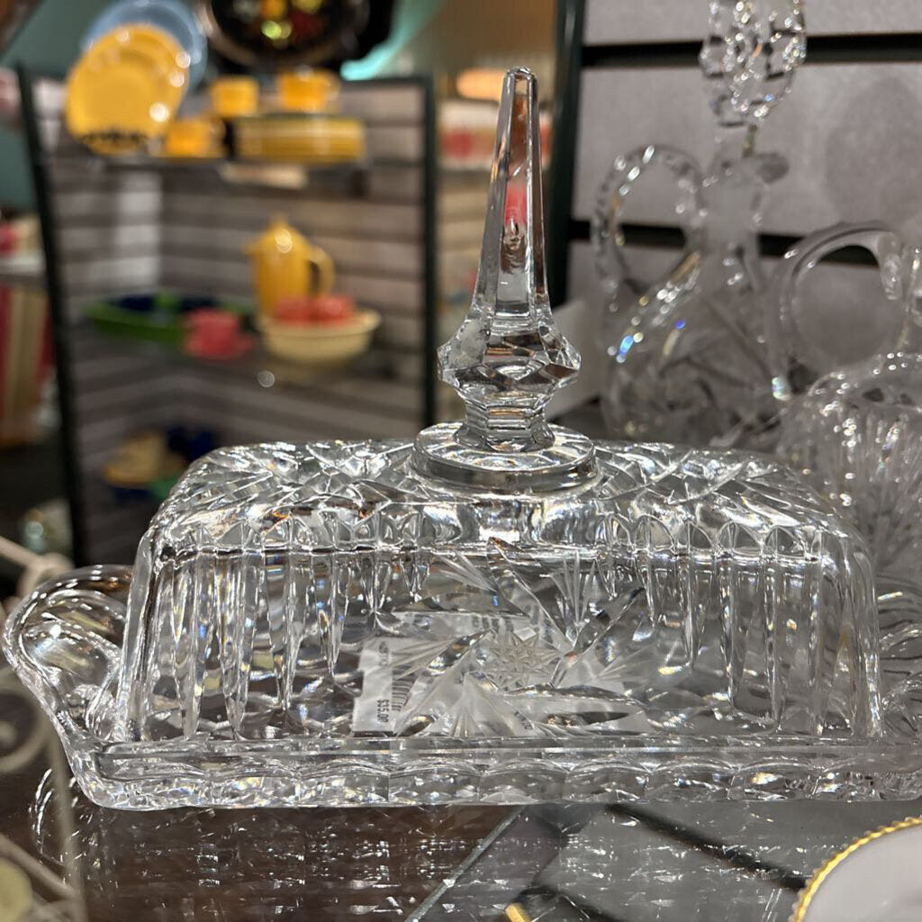 Vintage Bohemian cut crystal butter dish and cover; circa 1950-60