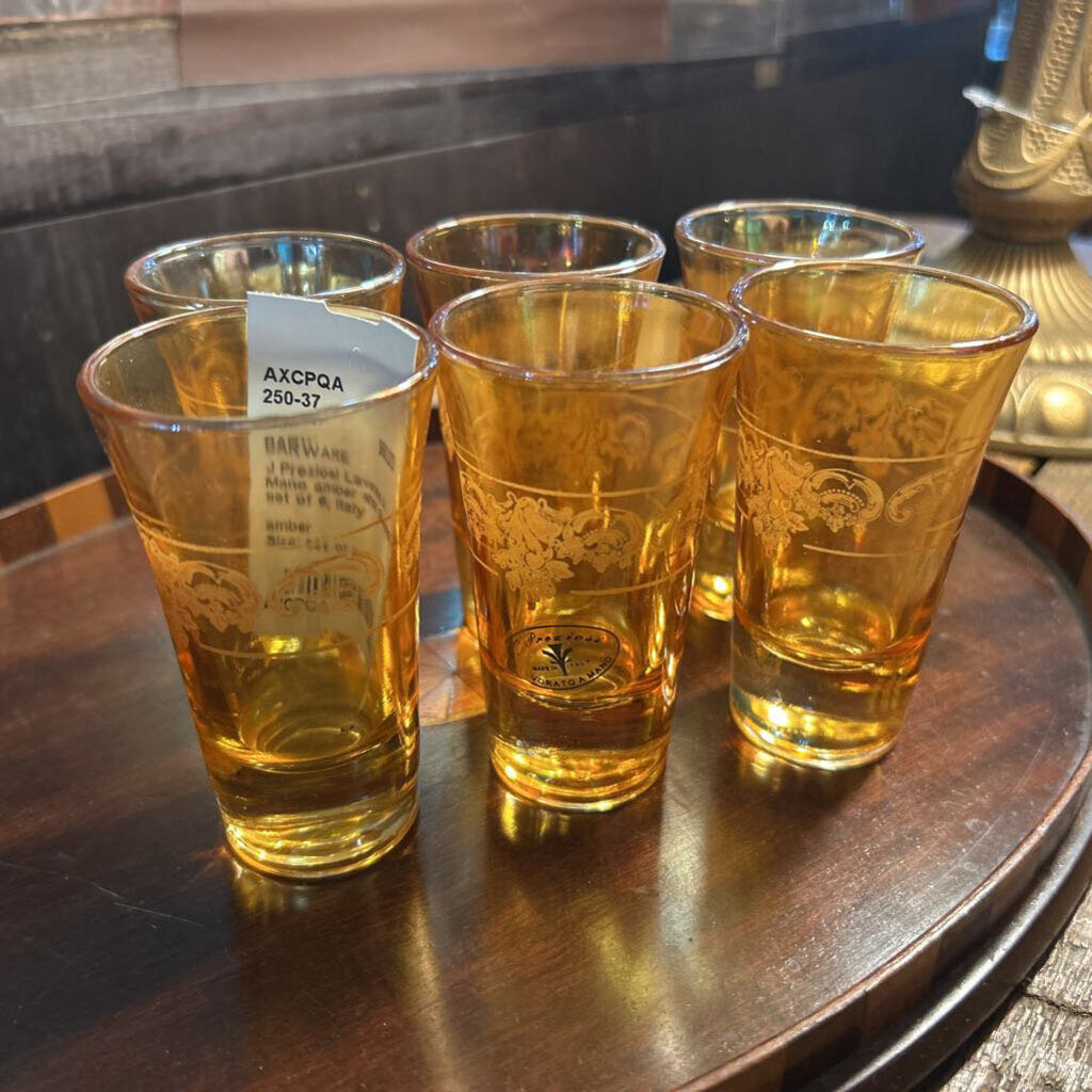 J Preziosi Lavorato A Mano amber shot glasses; set of 6; Italy