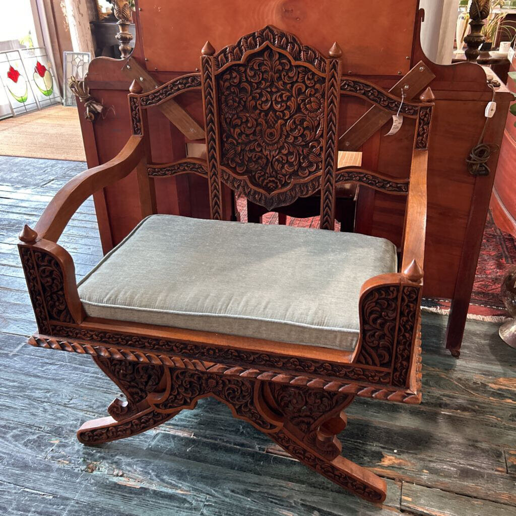 Vintage Thai Hand Carved Teal Elephant Howdah Saddle Chair.