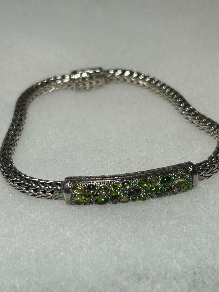 John Hardy, 925 Sterling Silver, Classic chain Bracelet, Peridot and chrome diopside gemstone.