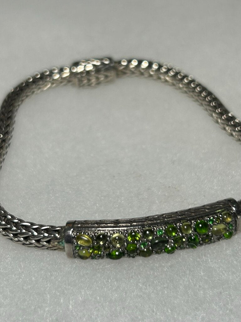 John Hardy, 925 Sterling Silver, Classic chain Bracelet, Peridot and chrome diopside gemstone.