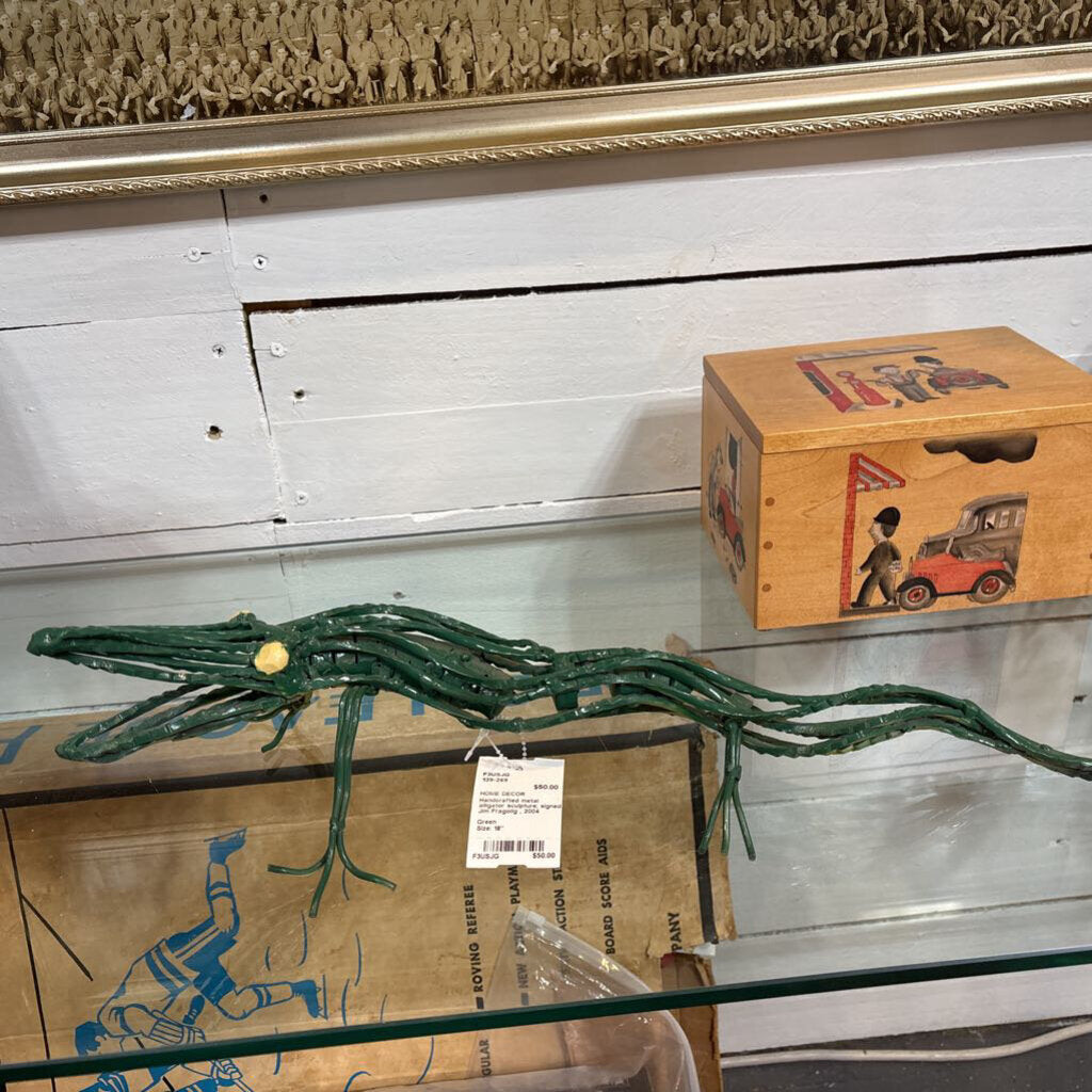Handcrafted metal alligator sculpture; signed Jim Fragolig , 2004