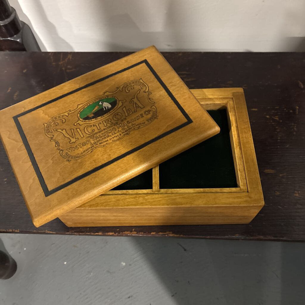 Hand-made wooden decorative box featuring reproduction graphic of the classic victor talking machine co, Jewelry box, dark green velvet.