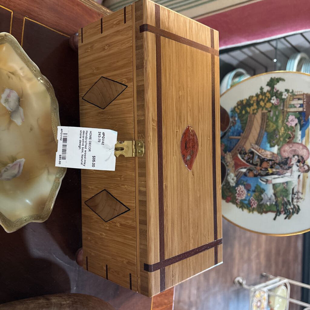 Handcrafted wood-inlay decorative box, Natural stone design.