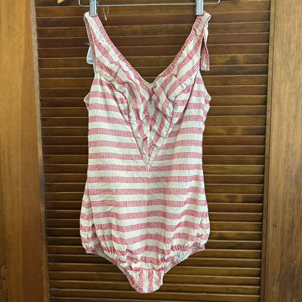 1950s "Sea Fashions of California" red/cream stripe one-piece pin up swimsuit, zipper back (condition as is)