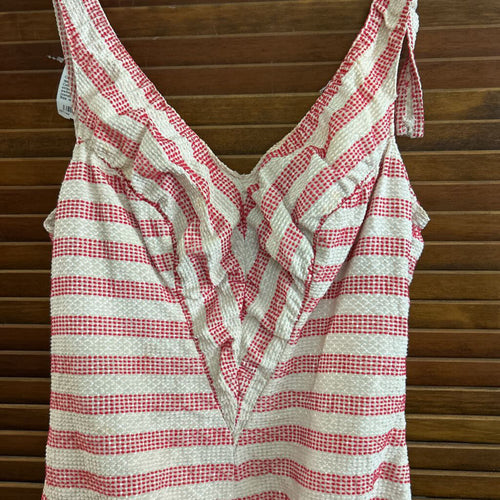 1950s "Sea Fashions of California" red/cream stripe one-piece pin up swimsuit, zipper back (condition as is)