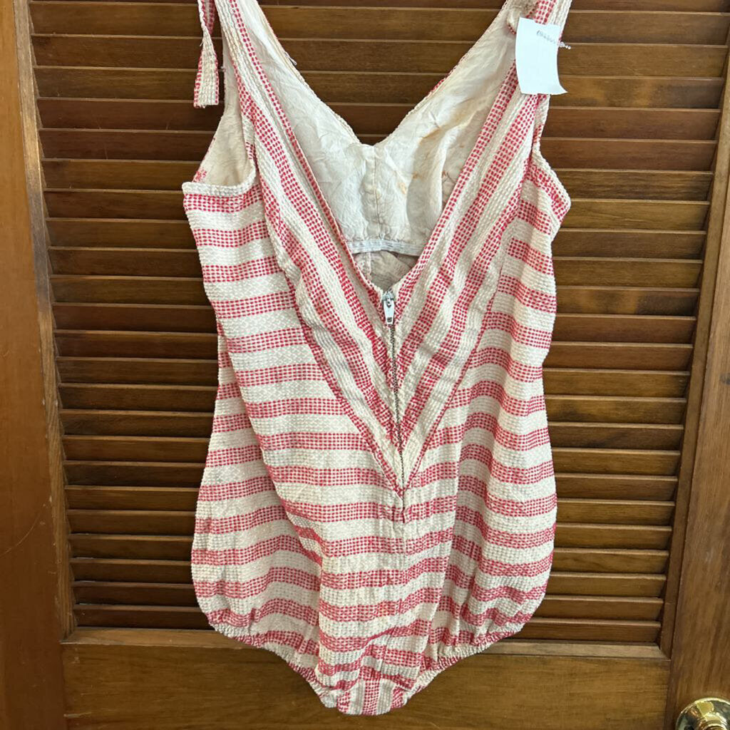 1950s "Sea Fashions of California" red/cream stripe one-piece pin up swimsuit, zipper back (condition as is)