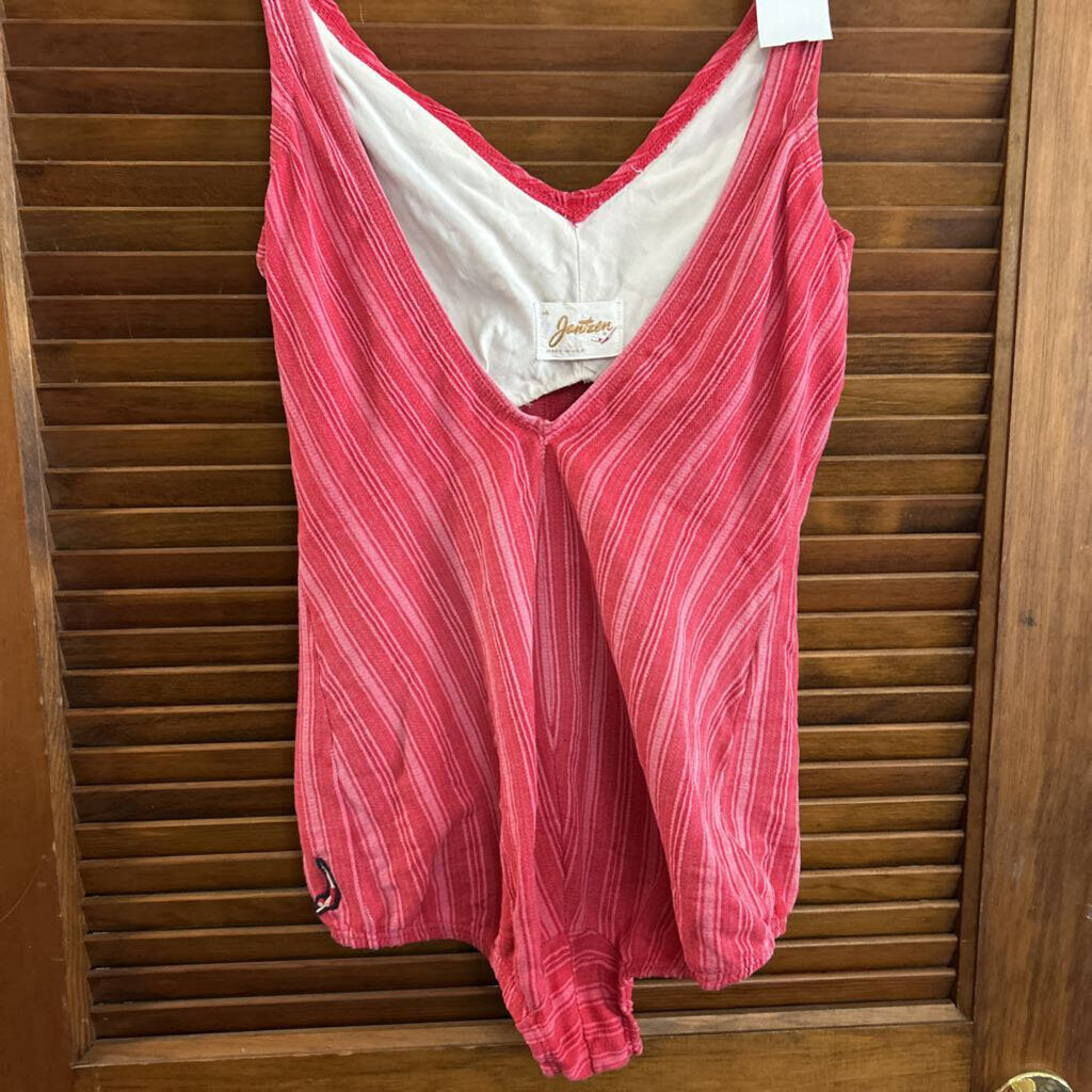 Vintage 1950s Jantzen Pink Red Vertical Stripe Swimsuit Skirted One-Piece