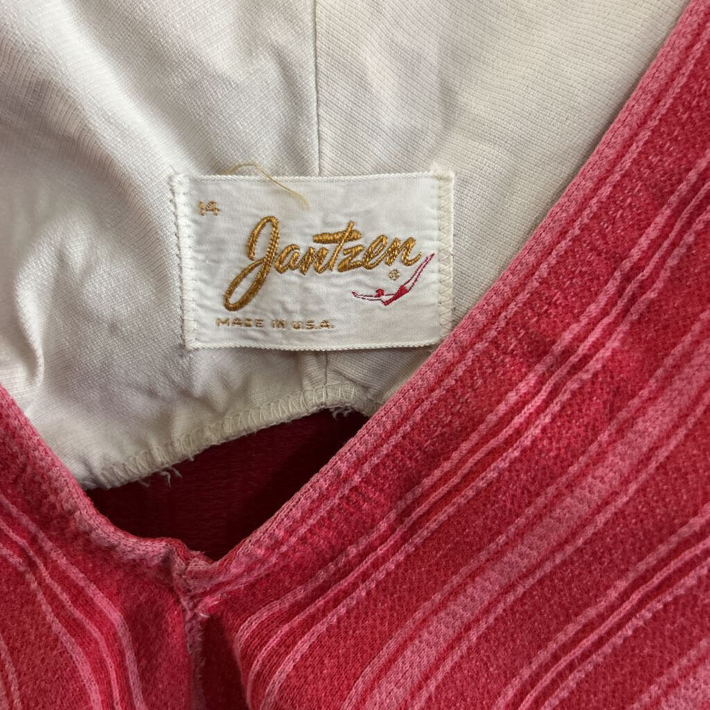 Vintage 1950s Jantzen Pink Red Vertical Stripe Swimsuit Skirted One-Piece