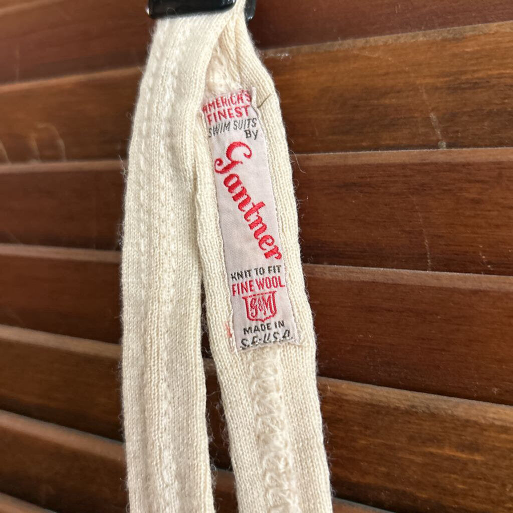 1930s Gantner Cream Ribbed Wool Swimsuit, Rare San Francisco Label. *as is*