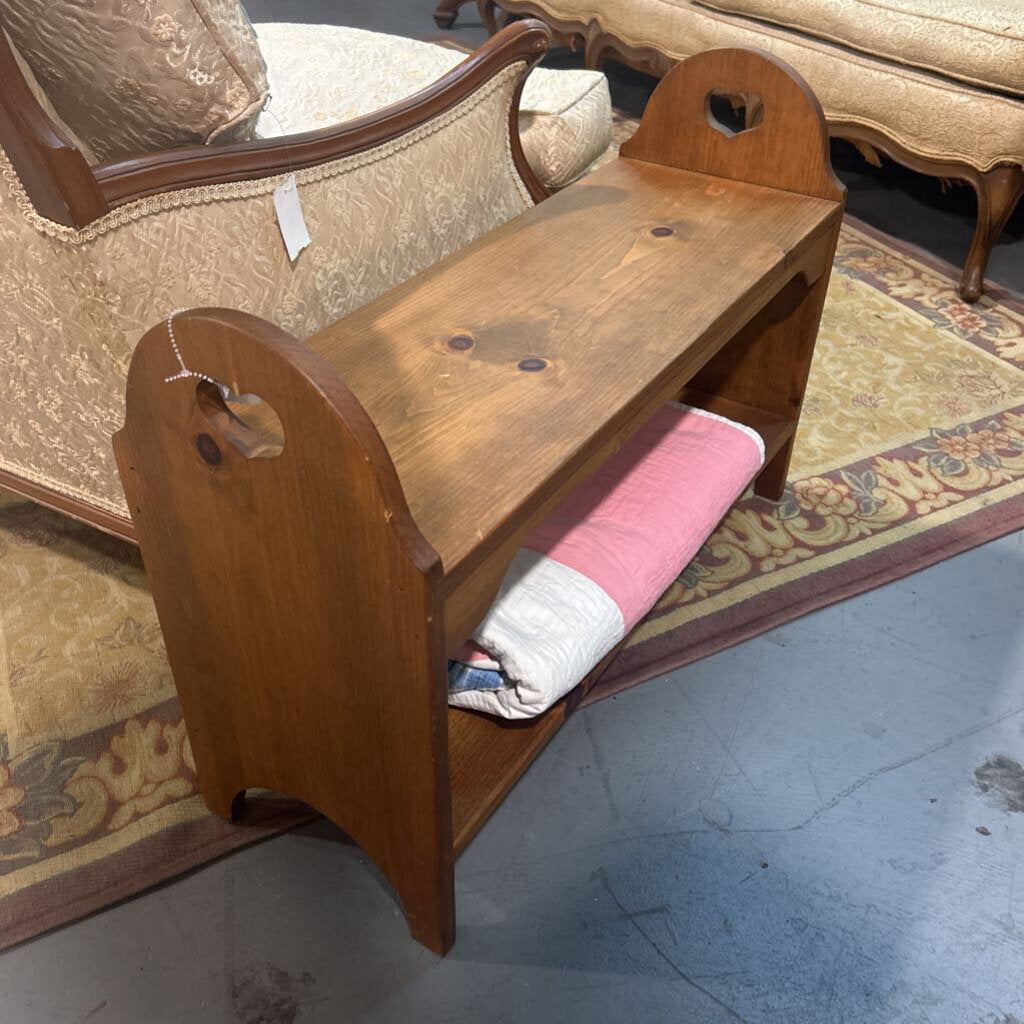 Vintage Country Pine Heart Cutout Bench with Storage Shelf under.