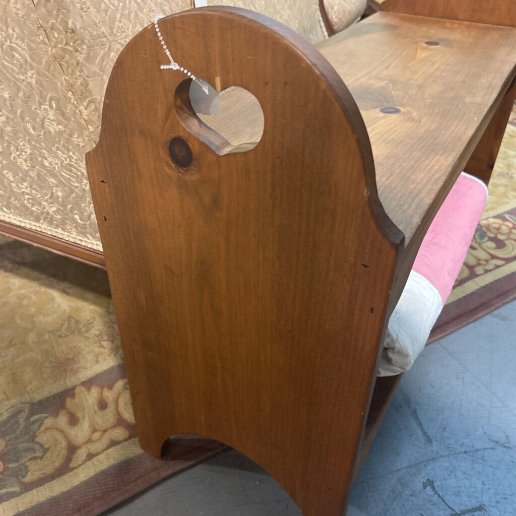 Vintage Country Pine Heart Cutout Bench with Storage Shelf under.