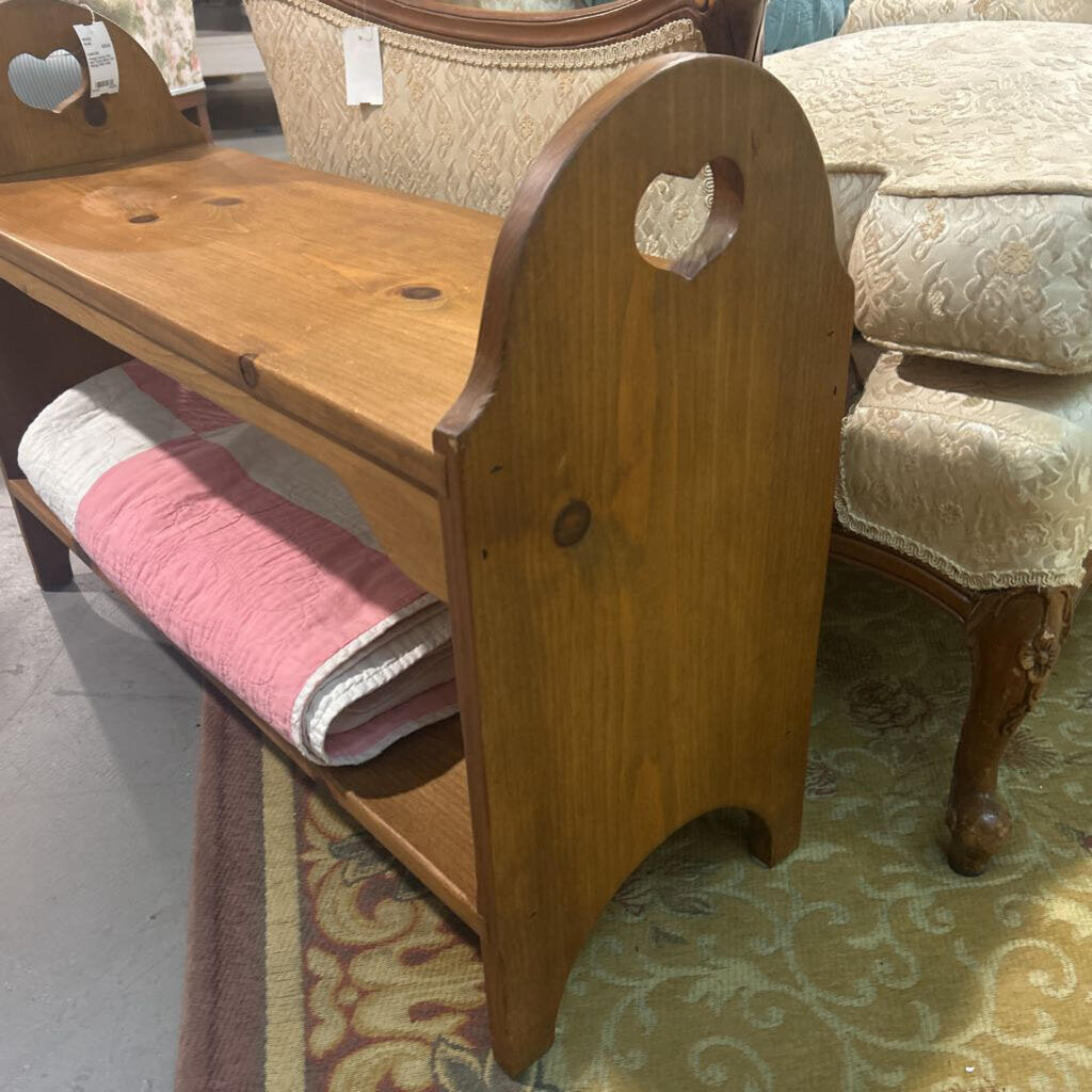 Vintage Country Pine Heart Cutout Bench with Storage Shelf under.