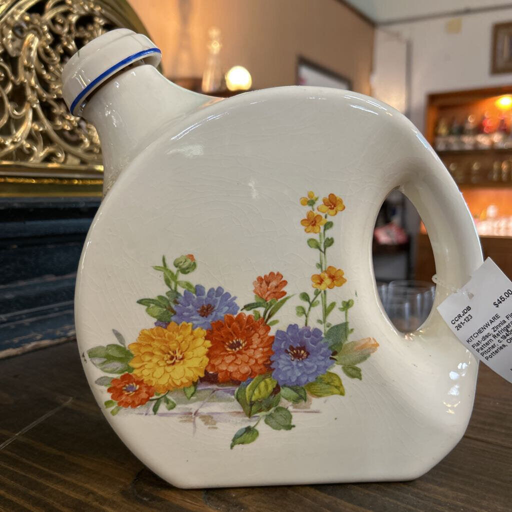 Flat-disc, Zinnia Floral Pattern Refrigerator Pitcher, c.1940s. Universal Potteries, Ohio.