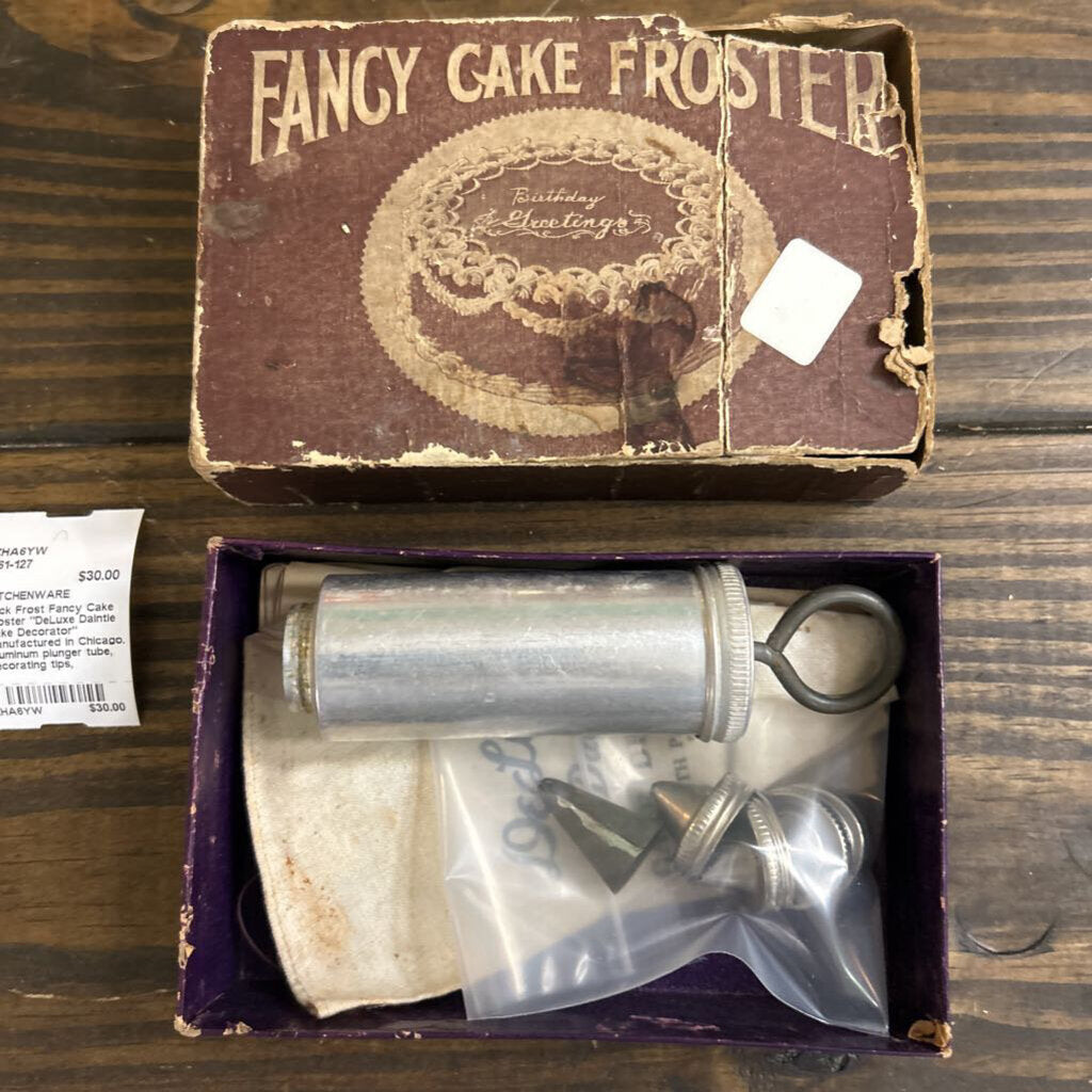 Jack Frost Fancy Cake Froster "DeLuxe Daintie Cake Decorator" Manufactured in Chicago, Aluminum plunger tube, Decorating tips, Fabric/Paper icing bags. c.1930s *as is*