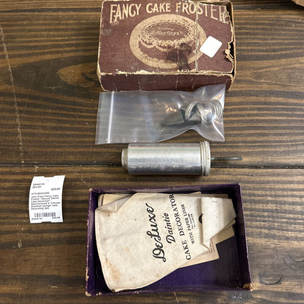 Jack Frost Fancy Cake Froster "DeLuxe Daintie Cake Decorator" Manufactured in Chicago, Aluminum plunger tube, Decorating tips, Fabric/Paper icing bags. c.1930s *as is*