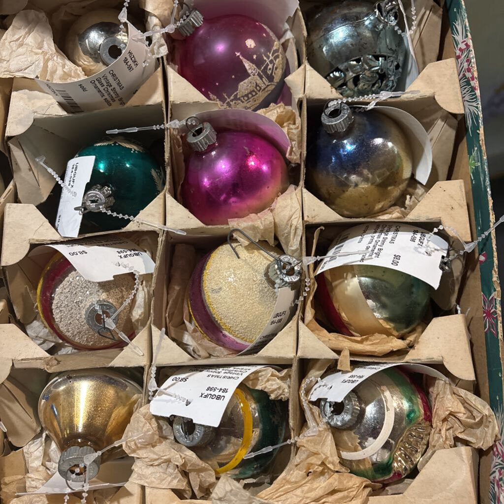 Vintage Shinny Bright Christmas Ornaments; stripes, prints, decorated