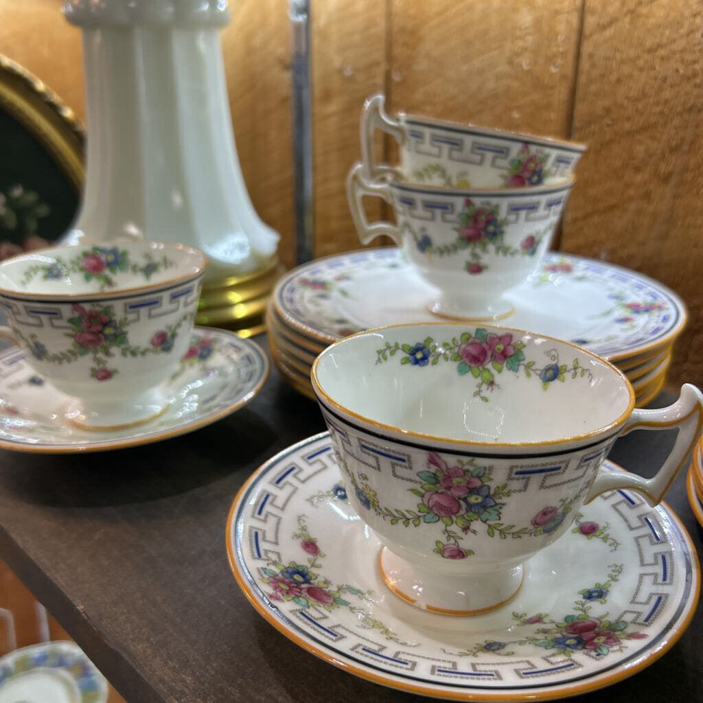 Royal Doulton Dinner service-Cobalt blue Greek key border, Floral bouquets. c.1916 (as is)
