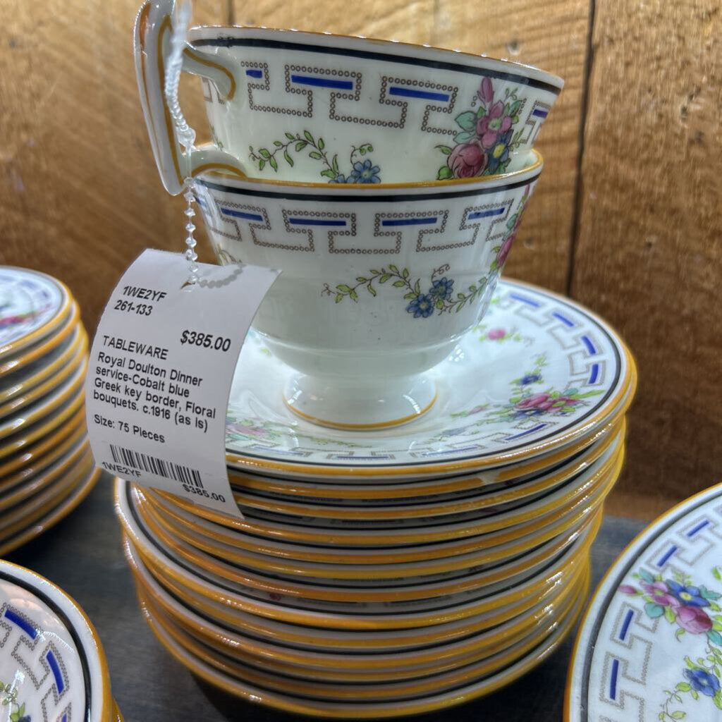 Royal Doulton Dinner service-Cobalt blue Greek key border, Floral bouquets. c.1916 (as is)