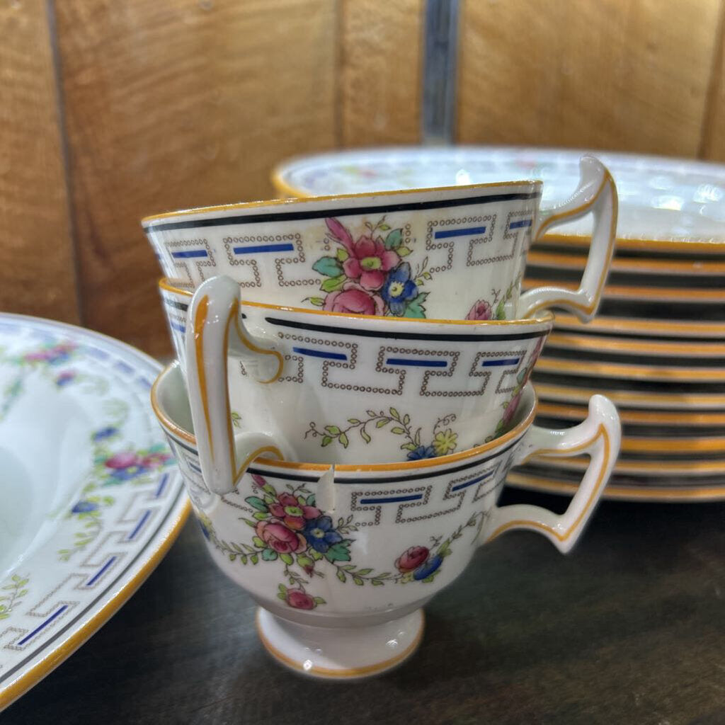 Royal Doulton Dinner service-Cobalt blue Greek key border, Floral bouquets. c.1916 (as is)