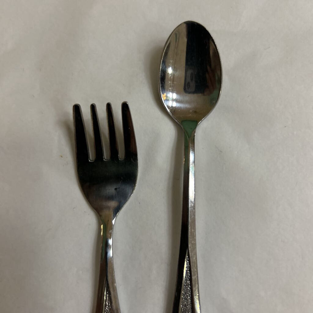 Infant/Toddler Spoon/Fork Set, The First Years (Distributed by Avon) c.1980s, Embossed/Textured Design, Stainless Steel.