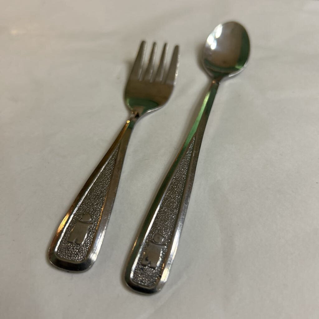 Infant/Toddler Spoon/Fork Set, The First Years (Distributed by Avon) c.1980s, Embossed/Textured Design, Stainless Steel.