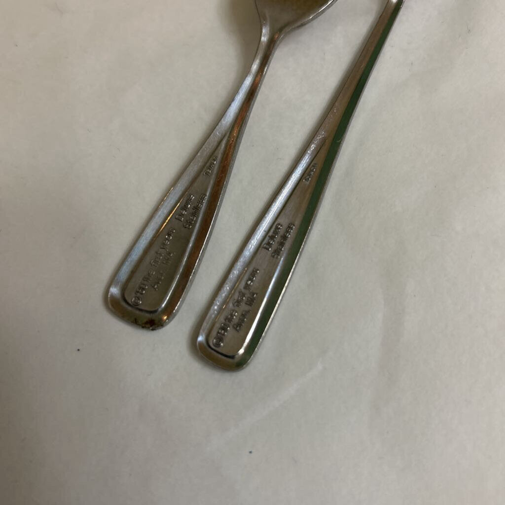 Infant/Toddler Spoon/Fork Set, The First Years (Distributed by Avon) c.1980s, Embossed/Textured Design, Stainless Steel.