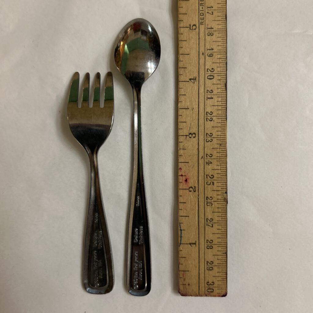 Infant/Toddler Spoon/Fork Set, The First Years (Distributed by Avon) c.1980s, Embossed/Textured Design, Stainless Steel.