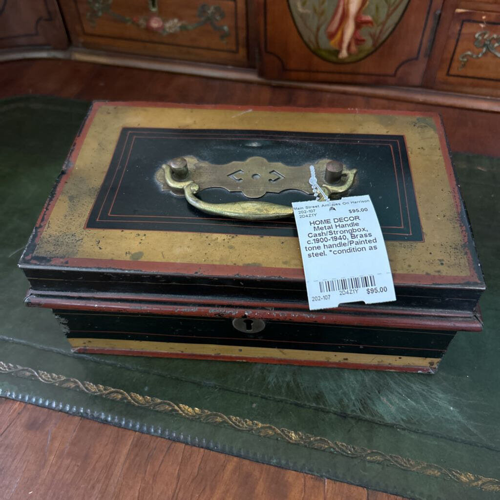 Metal Handle Cash/Strongbox, c.1900-1940, Brass tone handle/Painted steel. *condition as is*.