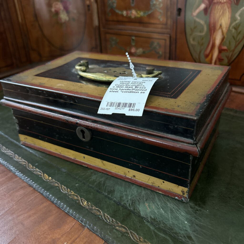 Metal Handle Cash/Strongbox, c.1900-1940, Brass tone handle/Painted steel. *condition as is*.