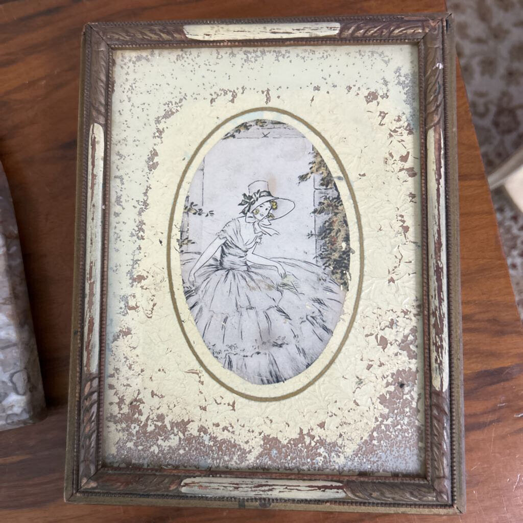Wooden Vanity Box, Decorative lid, glass covered portrait print, Inside Mirror, c.1940s. *as is*