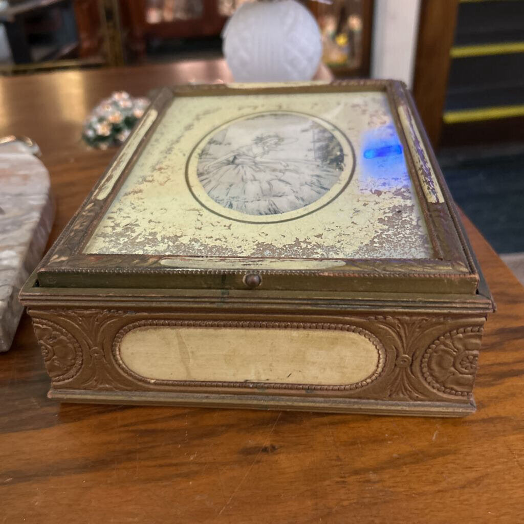 Wooden Vanity Box, Decorative lid, glass covered portrait print, Inside Mirror, c.1940s. *as is*