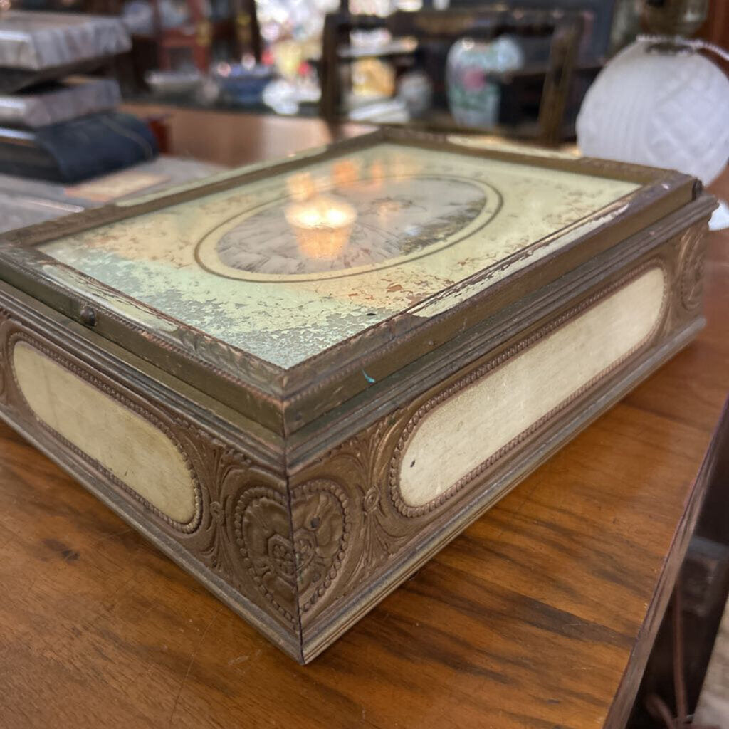 Wooden Vanity Box, Decorative lid, glass covered portrait print, Inside Mirror, c.1940s. *as is*