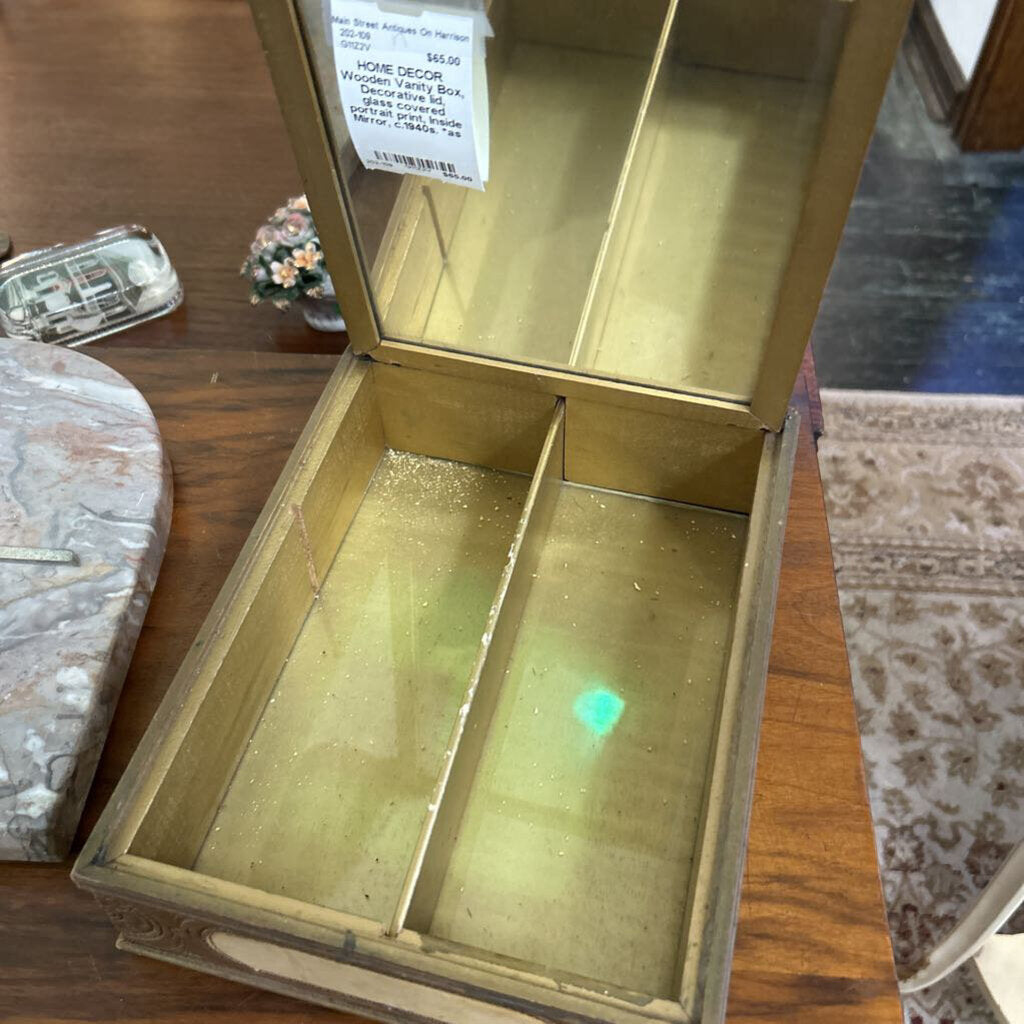 Wooden Vanity Box, Decorative lid, glass covered portrait print, Inside Mirror, c.1940s. *as is*