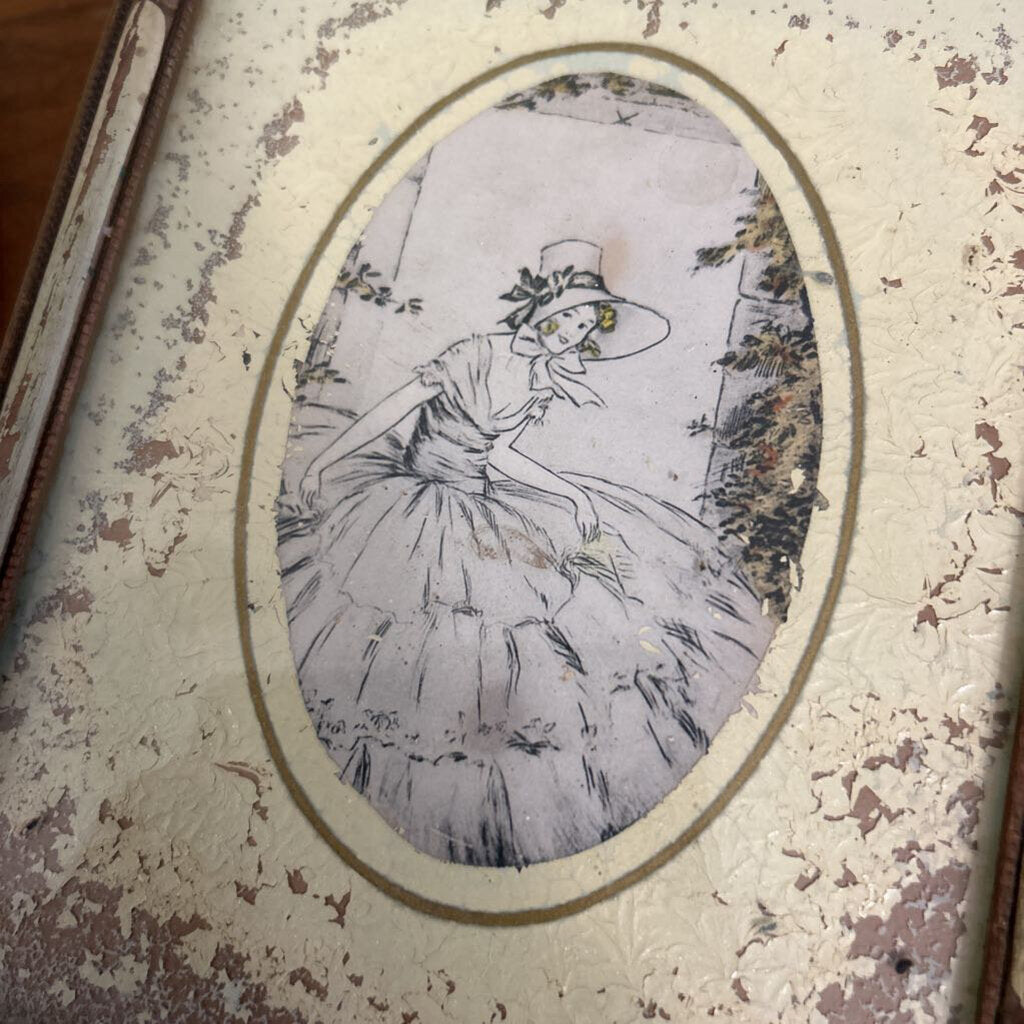 Wooden Vanity Box, Decorative lid, glass covered portrait print, Inside Mirror, c.1940s. *as is*