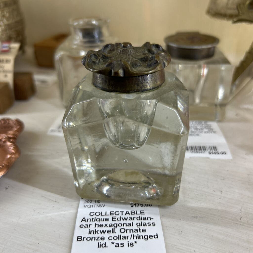 Antique Edwardian-ear hexagonal glass inkwell. Ornate Bronze collar/hinged lid. *as is*