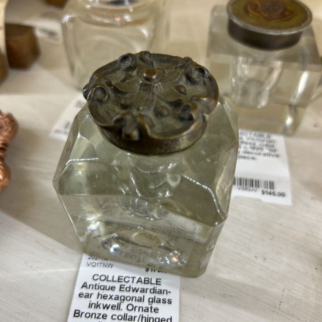 Antique Edwardian-ear hexagonal glass inkwell. Ornate Bronze collar/hinged lid. *as is*