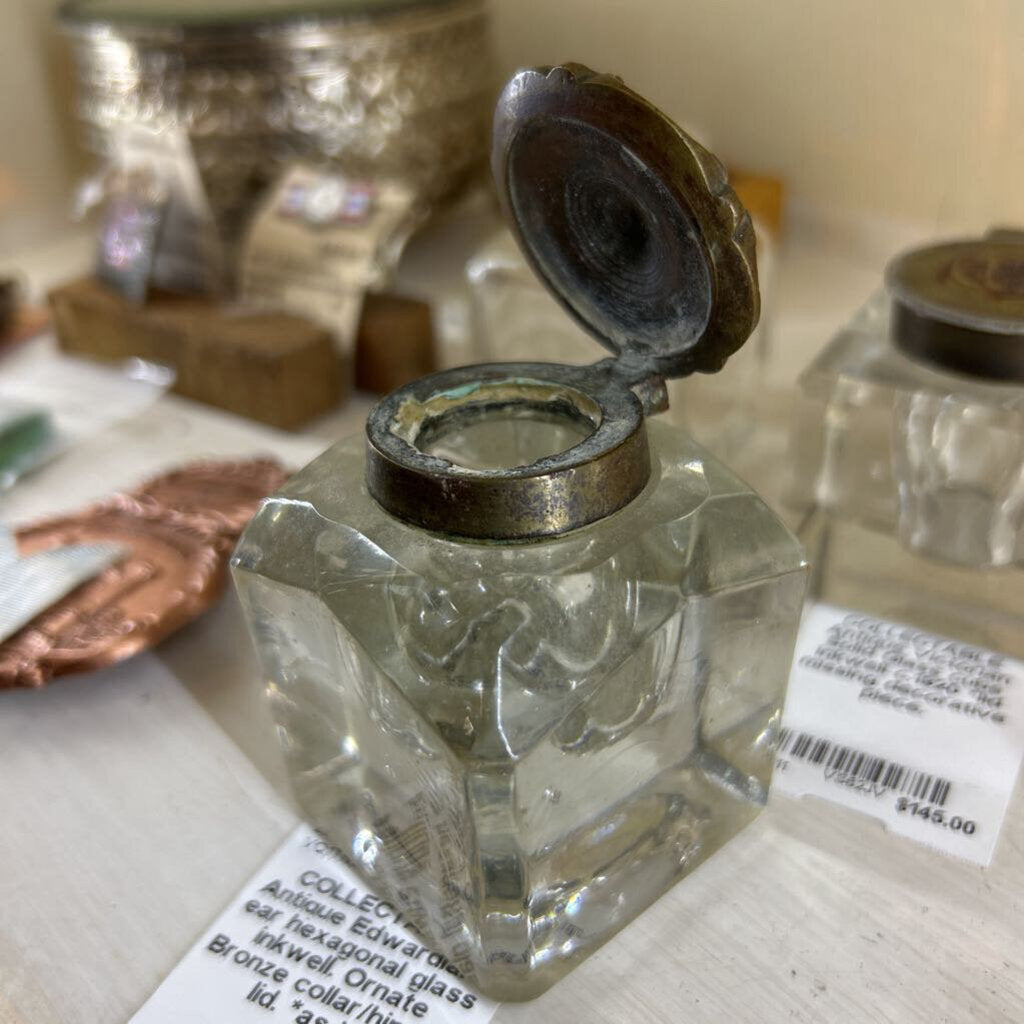 Antique Edwardian-ear hexagonal glass inkwell. Ornate Bronze collar/hinged lid. *as is*